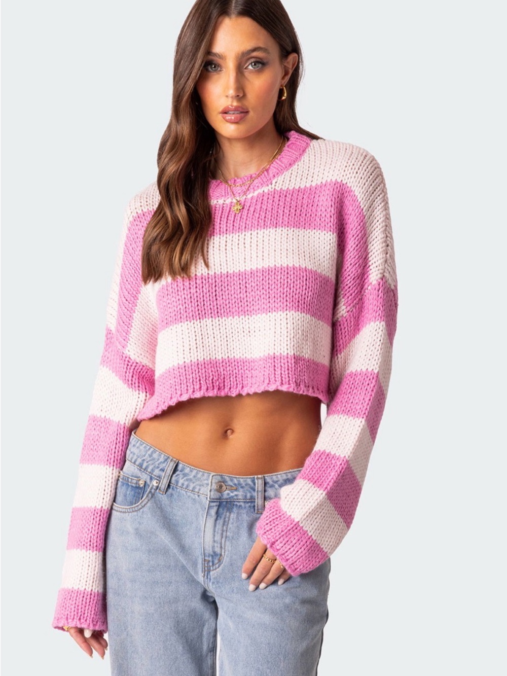 Edikted Cropped Pink and White Striped Knit Sweater